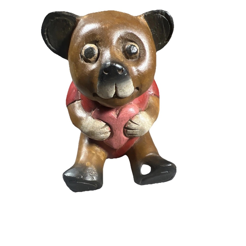 VTG Hand Carved Wooden Folk Art Teddy Bear Holding Heart Nursery Decor Gift 5.5"